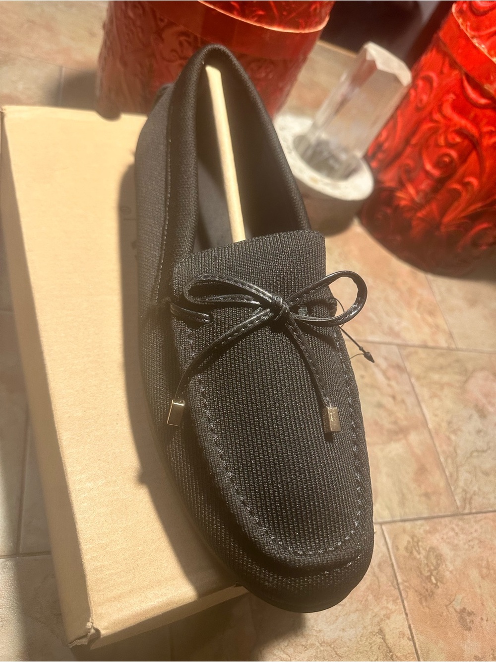 Black Knit Slip-On Loafer with Bow Accent